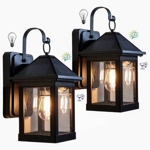 lot 13333 image: 2 Pack Solar Outdoor Wall Lights for Fence Front Door Waterproof Dusk to Dawn Motion Sensor LED Sconce with 3 Modes,3000K E26 Bulb Included,Exterior Porch Lamps Wall Mount Patio Decorative
