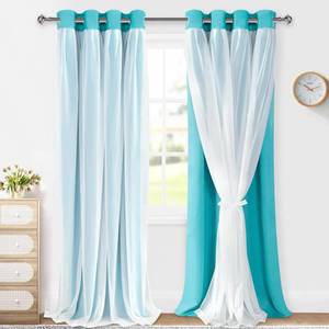 lot 13346 image: XWZO 100% Blackout Curtains with Sheer Overlay, Double Panel Grommet Thermal Insulated Privacy Curtains with Black Liner for Bedroom, Living Room, 2 Panels with Tiebacks, 52x108, Turquoise