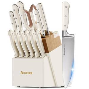 lot 13361 image: Knife Set,Astercook Kitchen Knife Set with Block 14-Piece Full Tang Stainless Steel Knives with Sharpener Dishwasher Safe and Anti-Slip Ergonomic Handle Utensils Set