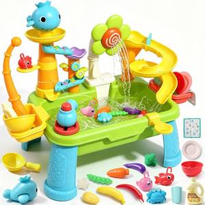 lot 13373 image: Dergo Upgraded Water Table for Toddlers Toy Set, Kids Sensory Sand Table Play Sink Shower Sprinkler, Summer Birthday Gift STEM Fishing Playset for Boys Girls Ages 3 4 5 6 7