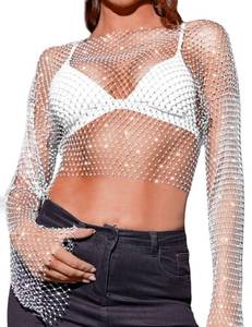 lot 14005 image: CYCLAMEN Womens Rhinestone Body Chains Long Sleeve Crop Tops Crystal See Through Mesh Diamond Fishnet Shirts Outfits, White, One Size (XS-L)