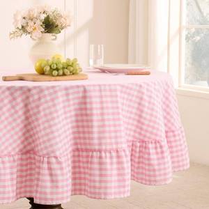 lot 14025 image: Romanstile Gingham Ruffled Tablecloth Round - Waterproof Linen Cotton Checkered Table Cloth, Outdoor Plaid Table Cover for Picnic, Camping, Party - 70 Inch, Pink