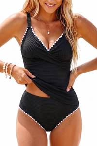 lot 14031 image: Daci Black Womens Two Piece Tankini Swimsuit Tummy Control Ribbed Twist Front XXL