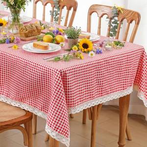 lot 14067 image: Moukeren 52x70inch Red and White Gingham Tablecloth with Lace Trim Plaid Tablecloth Checkered Table Cloth Rectangular Washable Farmhouse Table Decorations for Kitchen Dining