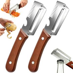 lot 14074 image: Multifunctional Vegetable Peeler for Kitchen, 3-in-1 Stainless Steel Potato Carrot Peeler with Bottle Opener, Zero Snag Wooden Peeler for Fruits & Veggies (2 PCS)
