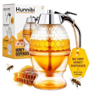 lot 14096 image: Hunnibi 8oz No Drip Glass Honey Dispenser with Plastic Top - Honeycomb-Style Syrup Server and Bee-Themed Storage Jar with Stand - 6