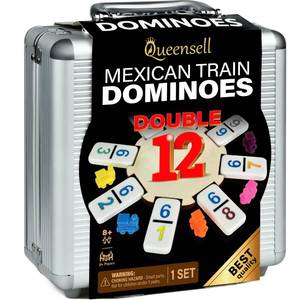 lot 14129 image: Queensell Mexican Train Dominoes Set with Numbers, Double 12 Dominoes Sets for Adults, Mexican Domino Train for Adults and Family - Domino Sets 91 Tiles with Aluminum Case
