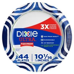 lot 14133 image: Dixie Ultra, Large Paper Plates, 10 Inch, 44 Count, 3X Stronger, Heavy Duty, Microwave-Safe, Soak-Proof, Cut Resistant, Disposable Plates For Heavy, Messy Meals