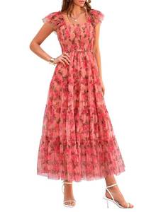 lot 14141 image: PRETTYGARDEN Womens Smocked Midi Tulle Dress, Floral Orange Pink Red,S