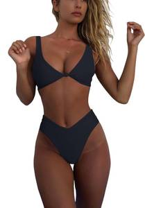 lot 14147 image: geluboao Womens Black Bikini Set High Waisted V Neck Swimsuit Sexy Kont Front Push Up Cheeky Brazilian Cut Thong Two Piece Bathing Suit M