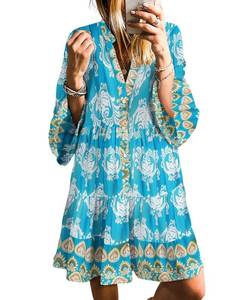 lot 14461 image: SELINK Womens Long Sleeve Dresses Casual V Neck Tribal Print Button Flowy Boho Mini Beach Dress Light Blue Tribal-M
