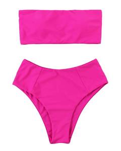 lot 14472 image: OMKAGI Women Strapless Swimsuits High Waisted Two Piece Solid Bandeau Bikini Set(Medium,Hot Pink)