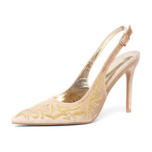 lot 14484 image: NEWBELLA Womens Pointed Toe Pumps - Elegant Pattern Stiletto Heels with Back Strap, Dressy High Heel Shoes for Wedding, Party & Evening Wear, Apricot 5.5