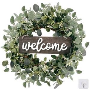 lot 19708 image: Sggvecsy Green Eucalyptus Leaf Wreath with Welcome Sign 20in Artificial Eucalyptus Wreath Spring Summer Wreath for Front Door Wall Window Farmhouse Festival Porch Patio Garden Decor