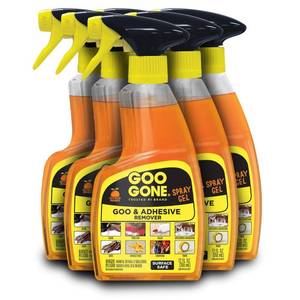 lot 19727 image: Goo Gone Spray Adhesive Remover Gel, 4 Pack, Removes Glue, Stickers, Tape Residue, Grease, Gum & Wax, Adhesive Spray with Citrus Cleaning Power for Hard Surfaces, Carpets & Fabrics