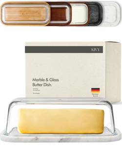 lot 19730 image: KIVY Butter Dish (White Marble & Glass) - For countertop and refrigerator door shelf - Marble butter keeper - Stone butter dish with lid - Dishwasher Safe