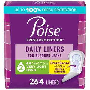 lot 19740 image: Poise Daily Liners, Incontinence Panty Liners for Bladder Leaks, 2 Drop Very Light Absorbency, Long Length, 264 Count of Pantiliners (6 Packs of 44), Packaging May Vary