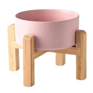lot 19741 image: Welloyed 6 Ceramic Raised Dog Bowl - 30Oz Dog Food & Water Bowl with Elevated Non-Slip Bamboo Stand, Dishwasher & Microwave Safe, Anti Vomiting Heavy Duty Pet Bowl for Small and Medium Dogs, Pink
