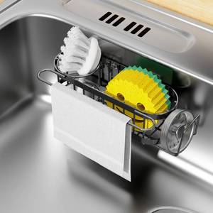 lot 20082 image: Cisily Kitchen Sink Caddy Sponge Holder in The Sink, Stainless Steel Kitchen Sink Organizer, Brush Holder, Dish Cloth Hanger, Sink Stopper Holder (Suction cup-Black)