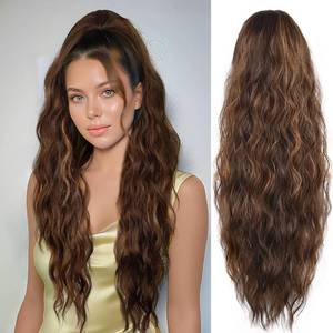 lot 20097 image: LEEONS 26 inch Drawstring ponytail Extension, Long Wavy pony tails hair extensions for Women - Synthetic Hairpiece Ponytail for Daily Use (Chocolate Brown with Honey Blonde Highlights)