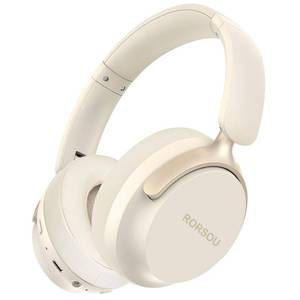 lot 20098 image: RORSOU B8 Bluetooth Headphones Over Ear, 6 EQ Music Modes and 50H Playtime Deep Bass Wireless Headphones with Mic, Lightweight Folding HiFi Stereo Headset for iPadTravelTabletPCHome Beige White (Used)