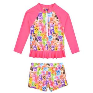 lot 20125 image: Little Girls Rash Guard Swimsuit Set UPF50 Long Sleeve with 14 Zip Chlorine Resistant Quick Dry 2 Pcs Cat Swimwear with Shorts Pool Beach Water Park Summer Rose Red Bathing Suit 4t 5t