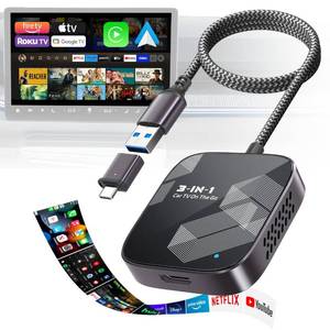 lot 20126 image: 3-in-1 Wireless CarPlay Adapter 2026, Convert Wired to Wireless Apple Car PlayAndroid Auto or HDMI for Fire TV Stick Metal&Glass Case Screen Mirroring, Car TV Mate Pro Max, Fit for 2016 Cars-Black