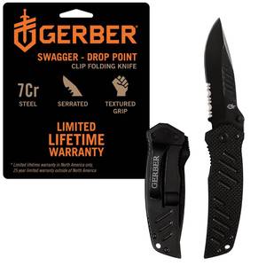 lot 20141 image: Gerber Swagger Drop Point EDC Folding Pocket Knife, Serrated Edge, Black