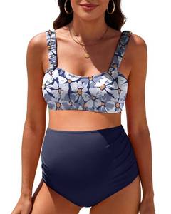 lot 20160 image: Century Star Maternity Bikini Swimsuit for Women - Two Piece High Waisted Bathing Suit Wide Ruched Straps Pregnancy Swimwear Blue Floral X-Large