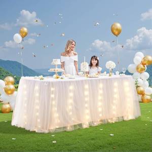 lot 1294 image: Tulle Table Skirt for Rectangle or Round Tables White 17FT 2-Layer Ruffle Tulle Tutu Cloth Desk Table Skirt with LED Lights for Birthday Party Baby Shower Wedding Banquet Cake Dessert Decorations