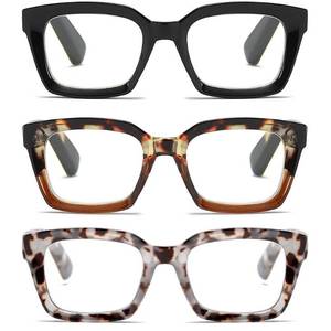 lot 2071 image: 3 Pack Readers for Women Fashion Style Square Reading Glasses with Spring Hinge Blue Light Blocking for Men Ladies HCB 1.25