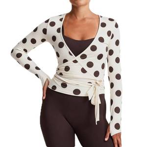 lot 2076 image: Women Cross Wrap Top Polka Dot Long Sleeve Deep V Neck Tie Workout Ballet Blouse Pilates Yoga Shirt (Multi, L)