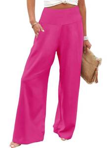 lot 2114 image: JZC Women Flowy Pants High Waist Wide Leg Palazzo Beach Pants Loose Fit Stretchy Trousers with Pockets Pink 2XL