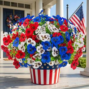 lot 2130 image: 18 Pcs Artificial Fake Pansy Flowers for Outdoor, UV Resistant Faux Silk Pansies Patriotic Flowers for Outside for Planter Front Door Porch Patio Window 4th of July Home Decor (18, Red, White, Blue)