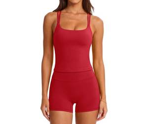 lot 2135 image: SUUKSESS Women 2 Piece Workout Sets Padded Low Impact Yoga Tops High Waisted Biker Shorts with Pockets(Red L)