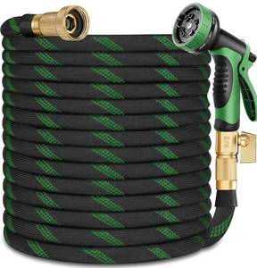 lot 2139 image: Garden Hose 100 ft, Leak Proof, Kink-Free Water Hose with 10 Function Spray Nozzle, Lightweight, Flexible, Fabric Portable Hose for Gardening, Green