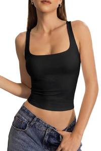 lot 2149 image: QINSEN Built in Bra Tank Tops for Women Square Neck Double Lined Sleeveless Going Out Tops Black M