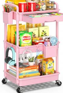 lot 3213 image: SUNALLY 3 Tier Rolling Cart with Drawer, Craft Storage Cart Organizer, Pink