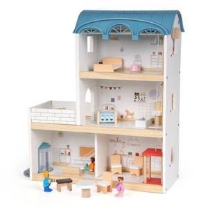 lot 3214 image: Wooden Dollhouse for Kids, 3-Story Wood Doll House Playset with Furniture, Accessories & 3 Toy Figures, DIY Pretend Play House for Toddlers, Girls & Boys, Miniature Dollhouse with Balcony Gift