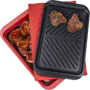 lot 3215 image: ECOIOU Grilling Prep and Serving Tray with Lid, BBQ Deep Tray for Marinating Raw and Cooked Food, Melamine Serving Trays for Food, Black and Red