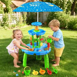 lot 3231 image: DUONIZAY Water Sand Table with Umbrella for Toddler Kids - 3-Tier Summer Toys, Outdoor Backyard Beach Poolside Playset with Stable Design, Sensory Learning Activity Game Gifts for Boys Girls(Indigo)