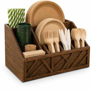 lot 3233 image: GRITORA Wooden Utensil Holder 6 Compartments, Paper Plate Holder & Silverware Organizer for Countertop, Rustic Kitchen Utensil, Napkin Holder for Table, Cutlery Organizer for Camping & BBQs