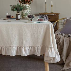 lot 4321 image: GLORY SEASON Retro Farmhouse Ruffle Tablecloth Cotton Flounces Trim Washable Table Cover Tablecloths for Rectangle Table Baby Shower Kitchen Party Wedding Decor 60x102
