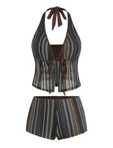 lot 4324 image: ZAFUL Women Striped Halter Front Tie Tankini Two Piece Boyshort Swimsuit
