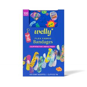 lot 4326 image: Welly Bandage Clip N Go Tin & Refill Pack  Adhesive Flexible Fabric Bandages and Tin  Assorted Shapes and Patterns for Minor Cuts, Scrapes, and Wounds - 100 Count