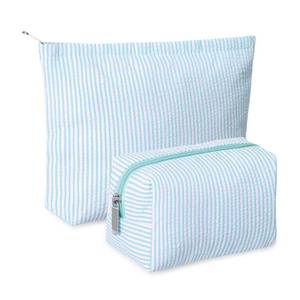 lot 4348 image: Huhumy 2 Pcs Makeup Bag Set Cute Cosmetic Pouch for Women Seersucker Travel Toiletry Bag Preppy Small Makeup Purse Pouch Aesthetic Skincare Brushes Storage Organizer for Valentine Women(Light Blue)