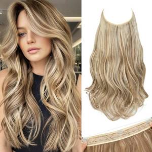 lot 4349 image: SARLA Invisible Wire Hair Extensions with 3 Clips Short Wavy Curly Synthetic Hairpiece for Women Adjustable Transparent Headband 14 Inch Bahama Beige
