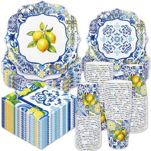 lot 4391 image: Whaline 96Pcs Capri Lemon Tableware Set Blue Tiles Yellow Lemon Disposable Dinnerware 24 10 Plates 24 7 Plates 24 Napkins 24 9oz Cups for Summer Birthday Party, Serves 24