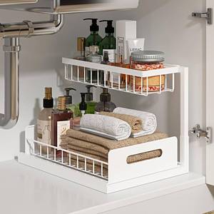 lot 5567 image: REALINN Under Sink Organizer, L-Shaped 2 Tier Pull Out Cabinet Organizer