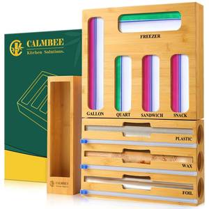 lot 5569 image: Calmbee 9 in 1 Bamboo Storage Bag Organizer for Kitchen Drawer �� Plastic Wrap Dispenser with Cutter & Foil Organizer, Wooden Baggie Organizer for Sandwich, Snack, Gallon, Quart Sizes, Natural